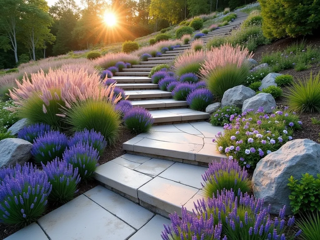 Elegant Natural Stone Garden Stairway - A sweeping natural stone staircase winding up a hillside garden, photographed during golden hour. Large, flat stone slabs create wide, comfortable steps bordered by flowing masses of purple catmint, feathery pink muhly grass, and lavender. Wispy Mexican feather grass catches the warm sunlight along the edges. Drifts of purple coneflowers and white garden phlox spill over the stone edges, creating a romantic, naturalistic feel. The steps are flanked by natural boulders partially covered in creeping thyme. Professional landscape photography style, soft lighting, high-end garden design.