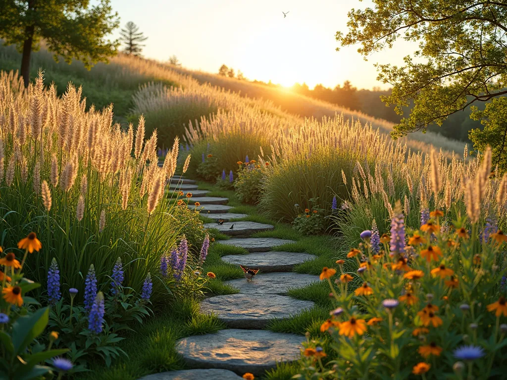 Naturalistic Prairie Slope Garden - A gently sloping hillside garden at golden hour, filled with flowing native prairie grasses and wildflowers in soft sunset colors. Tall switchgrass and little bluestem create sweeping waves of movement, interspersed with purple coneflowers, black-eyed susans, and butterfly milkweed. Natural stone steps weave through the landscape, while butterflies and birds hover among the plants. The scene captures a dreamy, wild aesthetic with layers of texture and height, photographed in a warm, ethereal light that highlights the feathery grass seed heads.