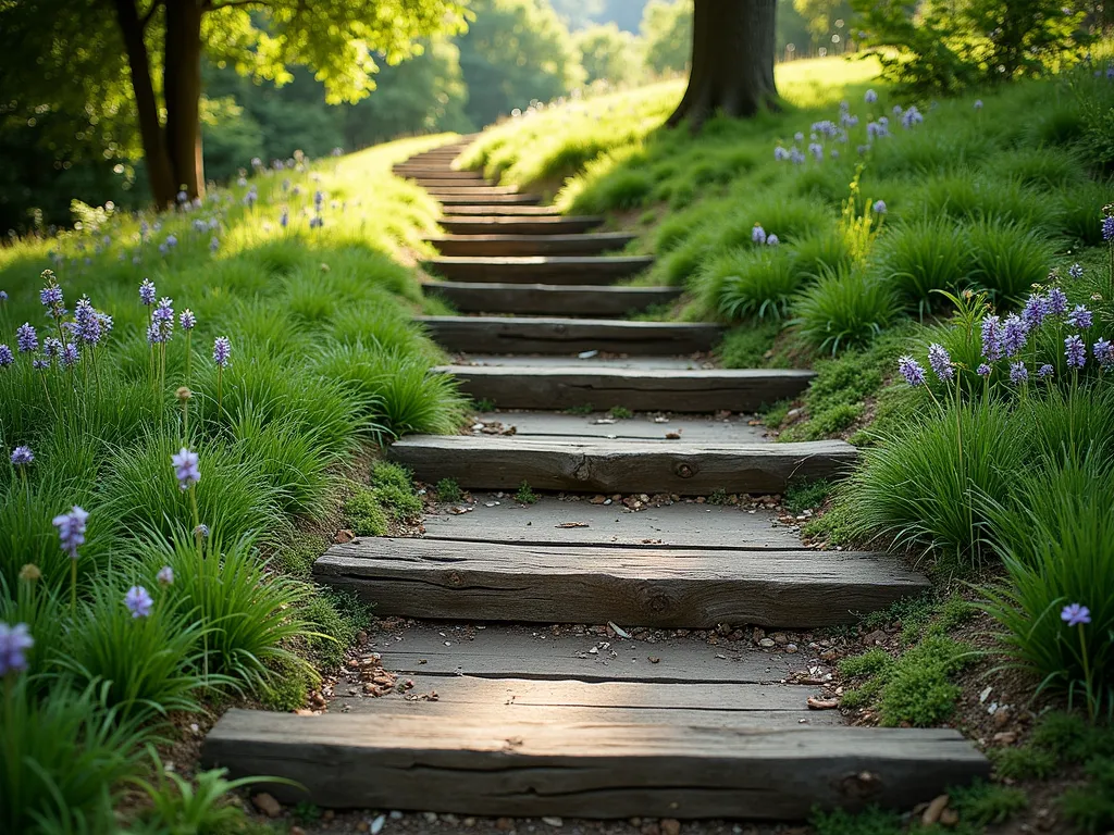 Rustic Railroad Tie Garden Steps - A serene garden path composed of weathered railroad tie steps winding up a gentle hillside, surrounded by lush greenery. The rustic wooden steps are naturally spaced and embedded into the slope, with creeping thyme and Irish moss sprouting between them. Dappled sunlight filters through overhead trees, creating a warm, natural atmosphere. The aged wood texture of the railroad ties shows rich browns and grays, while small purple and white flowers from the ground cover create a soft, natural border along each step. The pathway curves organically up the hill, disappearing around a bend lined with ornamental grasses and ferns.