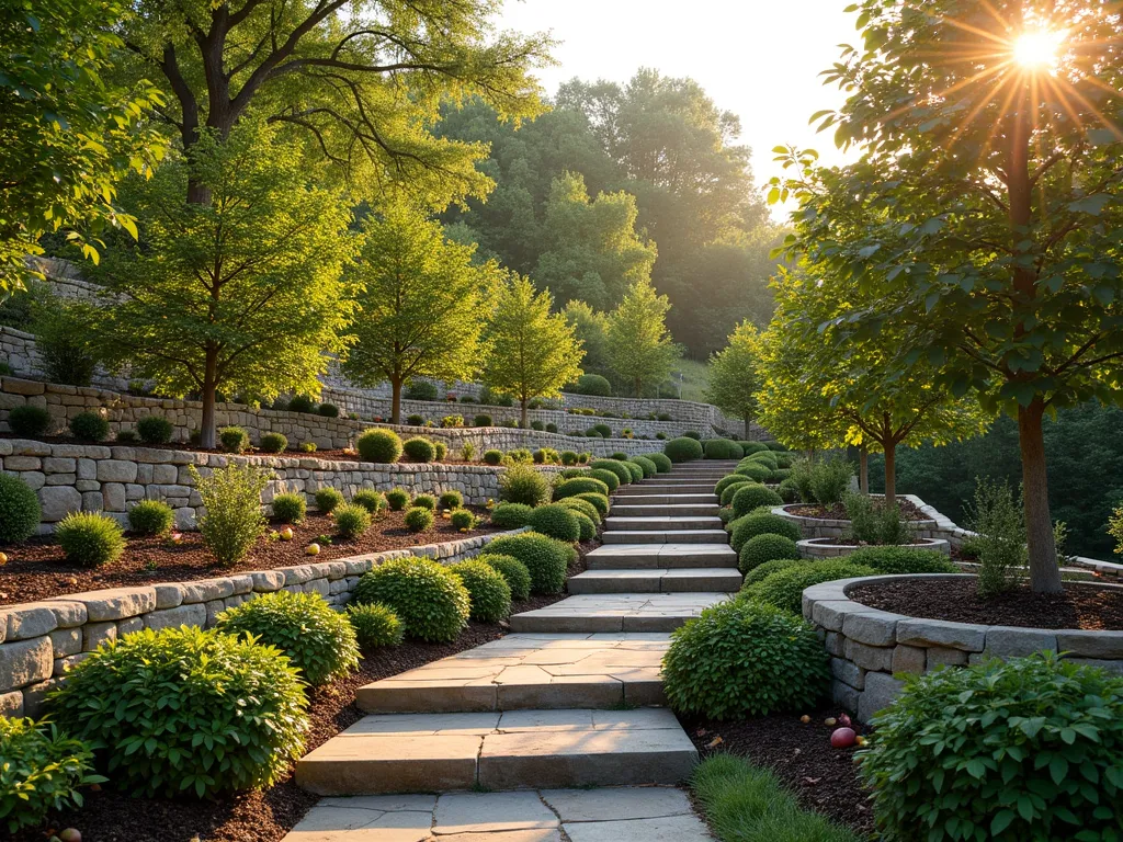 Terraced Hillside Fruit Garden - A sunlit terraced garden on a gentle slope with stone retaining walls, featuring neat rows of dwarf apple and pear trees in full bloom. Multiple levels of carefully arranged berry bushes including blueberries and raspberries create a cascading effect. Natural stone steps wind through the levels, with ripe fruits visible among the foliage. The garden is photographed during golden hour, with warm sunlight filtering through the trees, creating a dreamy, Mediterranean atmosphere. The composition shows meticulous landscaping with mulched beds and a harmonious blend of ornamental and edible plants. Photorealistic, 4K, architectural photography style.