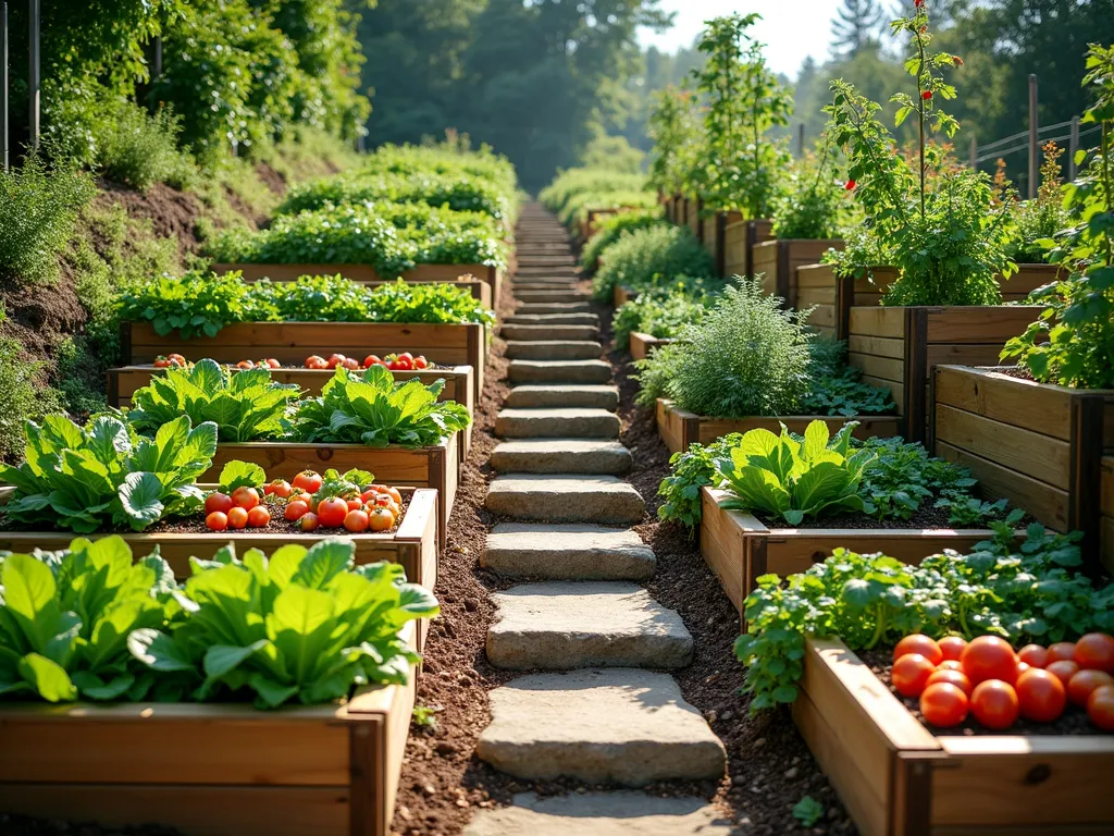 Terraced Hillside Vegetable Garden - A sunlit terraced garden on a gentle slope with multiple wooden raised beds at different elevations, connected by natural stone steps. The beds are bursting with colorful vegetables - tomatoes, leafy greens, and herbs arranged in tidy rows. In the foreground, a flourishing bed of mixed lettuce varieties, behind it colorful Swiss chard and climbing pea trellises. The highest tier features tall tomato plants with red fruits. Cedar wood retaining walls separate each level, creating a beautiful geometric pattern across the hillside. Soft morning light casts gentle shadows, highlighting the garden's productive abundance. Photorealistic, high detail, architectural composition.