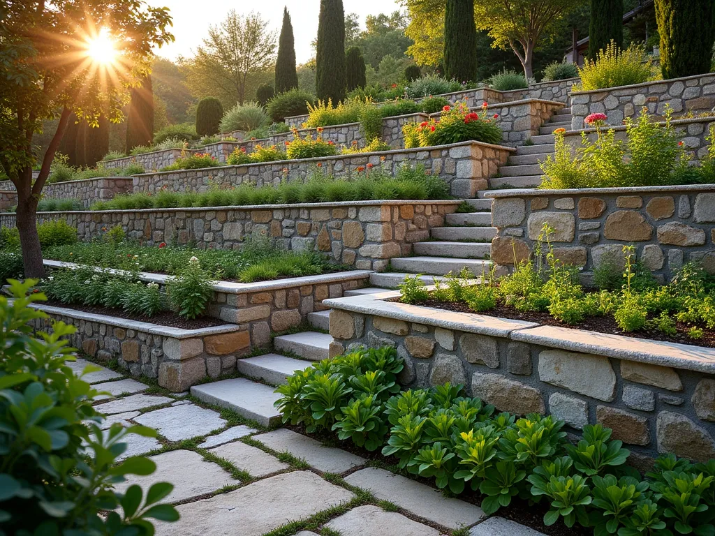 Elegant Terraced Stone Garden with Cascading Levels - A stunning terraced hillside garden with multiple levels of natural stone retaining walls, photographed during golden hour. The walls are crafted from weathered limestone blocks, creating 4-5 distinct planting tiers that gracefully step down the slope. Each level features lush vegetation, with colorful flowering perennials in the upper tiers and neat rows of vegetables in the lower beds. The stone walls have a rustic, time-worn appearance with small Mediterranean herbs growing from between the stones. A narrow stone stairway winds through the terraces, while small water drainage channels are tastefully integrated into the design. The overall composition shows masterful landscaping that blends formal structure with natural elements, captured in warm, dramatic lighting that highlights the texture of the stone.