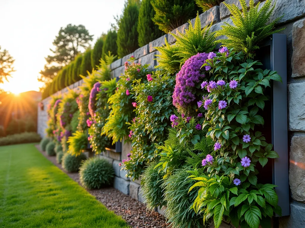 Living Vertical Garden Wall on Hillside - A stunning vertical garden wall integrated into a stone retaining wall on a hillside slope, photographed during golden hour. Multiple tiers of lush plants cascade down specialized wall-mounted panels, creating a vibrant tapestry of colors and textures. Features a mix of trailing purple clematis, bright green ferns, colorful heucheras, and flowering herbs. The wall includes built-in irrigation systems visible through the naturalistic arrangement. Professional landscape photography style, detailed textures, soft natural lighting highlighting the dimensional quality of the plants against the stone wall.