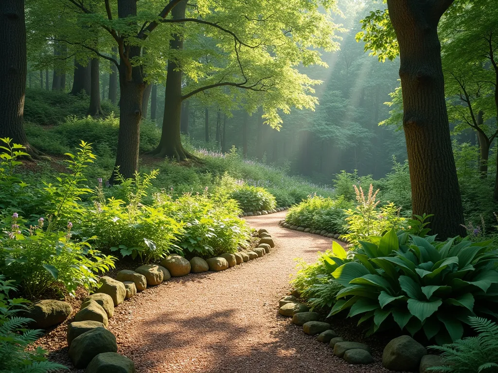 Natural Woodland Path on Hillside - A serene, winding garden path on a gentle slope, covered in natural wood chips, weaving through dappled sunlight beneath tall trees. Lush green ferns and large hostas line the edges, while delicate woodland wildflowers add splashes of subtle color. The path curves naturally with the hillside, disappearing around a bend, creating a sense of mystery. Moss-covered stones and natural log edges define the path borders. The scene is captured in soft, morning light filtering through the canopy, creating a magical woodland atmosphere, photorealistic style.