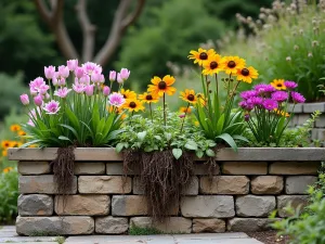 Cascading Perennial Terrace - Close-up detail of bottom terrace with flowing perennial plantings, showing deep-rooted flowers in full bloom cascading over natural stone wall