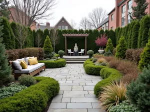 Four-Season Terrace Design - Normal view showing terrace garden designed for year-round interest with evergreen structure, winter berries, and architectural plants