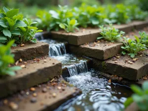 Integrated Irrigation Design - Technical close-up showing clever integration of drip irrigation system within terrace structure, water flowing from top level through natural-looking water channels