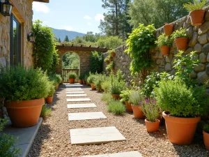 Mediterranean Herb Terrace - Wide shot of sun-drenched top terrace featuring Mediterranean herb garden with gravel mulch, terracotta pots, and stone pathways