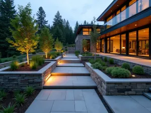 Modern Terraced Garden System - Wide-angle view of contemporary terraced garden with sleek stone walls, geometric planting beds, and visible smart irrigation controls, evening lighting highlighting different levels