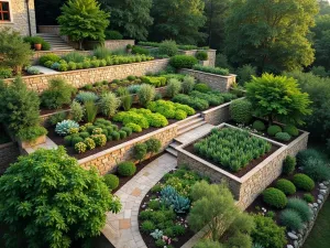 Multi-Level Stone Terrace Garden - Aerial view of a beautifully terraced garden with three distinct levels separated by natural stone walls, Mediterranean herbs on top level, vegetable garden in middle, and flowering perennials at bottom, soft morning light