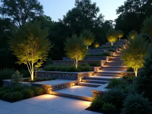 Night-lit Terrace Garden - Evening shot showing terraced garden with strategic lighting highlighting different levels, paths, and key plants, creating dramatic shadows