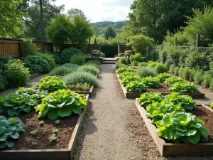 Productive Terrace Garden - Normal perspective of middle terrace level showing abundant vegetable garden with raised beds, companion planting, and neat gravel paths between growing areas