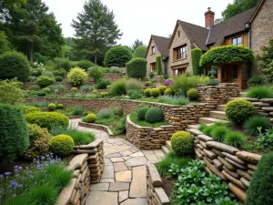 Rustic Timber Terrace - Wide angle view of natural-looking terraced garden using rough-hewn timber retaining walls, abundant with cottage-style plantings