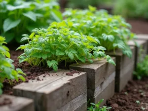 Timber Terrace Garden Close-up - Close-up view of weathered timber retaining walls with cascading herbs spilling over edges, rich soil texture visible, integrated drip irrigation system peeking through greenery