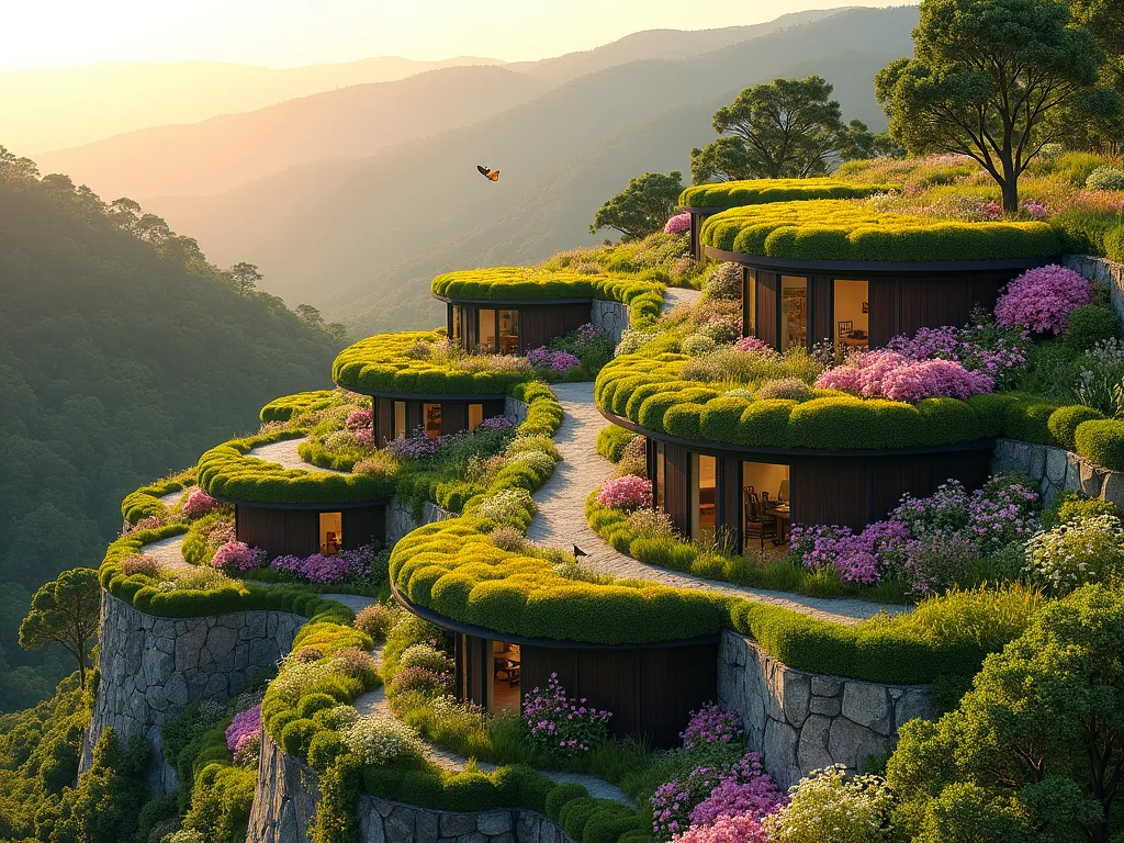 Cascading Living Roof Terraces with Native Wildflowers - A stunning terraced hillside garden featuring multiple levels of green-roofed structures seamlessly integrated into the landscape, photographed during golden hour. Each terrace has a living roof covered in blooming sedums in pink and yellow, interspersed with purple and white wildflowers. The terraces step down the slope with natural stone retaining walls, creating a harmonious blend of architecture and nature. Small walking paths wind between the terraces, with butterflies and bees hovering over the flowering roofs. Photorealistic, architectural photography style, soft natural lighting.