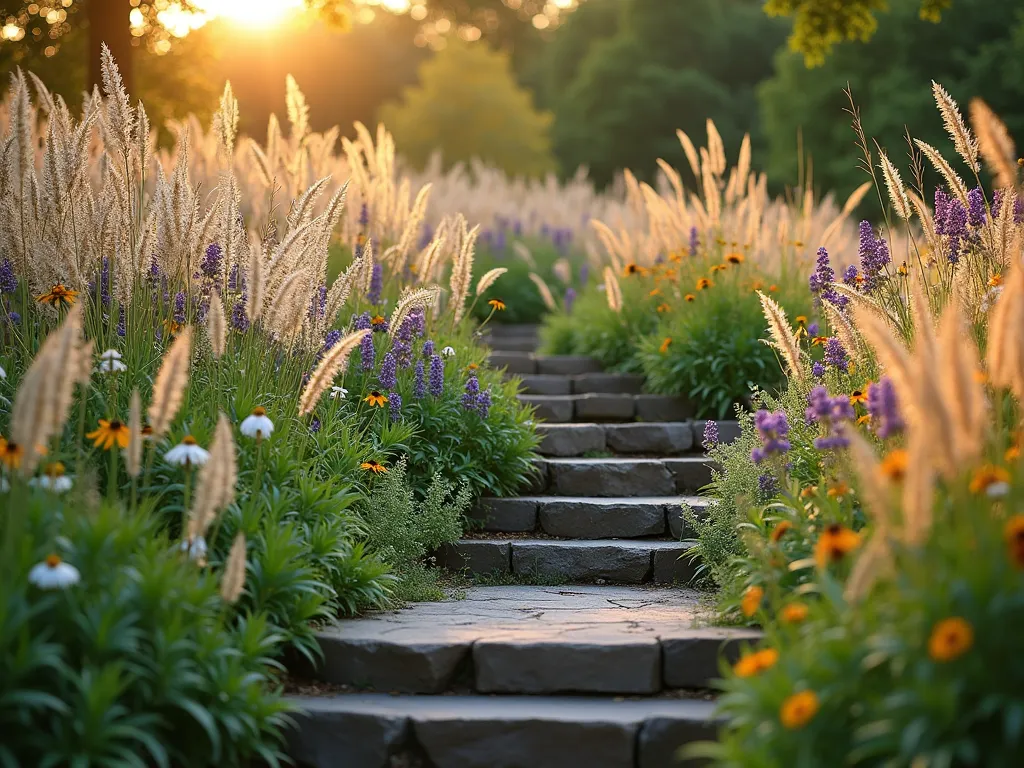 Cascading Prairie Garden on Hillside - A dreamy, naturalistic sloping garden at golden hour, featuring layers of flowing ornamental grasses like Feather Reed Grass and Little Bluestem cascading down a gentle hillside. Mixed with swaying Purple Coneflowers, Black-Eyed Susans, and Russian Sage creating a tapestry of purples and golds. Natural stone steps wind through the prairie planting, while the low-angled sunlight catches the translucent grass seed heads, creating an ethereal glow. The garden has a wild, untamed beauty with grasses moving gracefully in the breeze, photorealistic style, soft bokeh background, warm evening light.