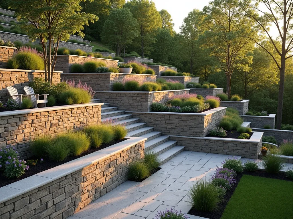 Elegant Multi-Level Stone Garden Terraces - A stunning terraced garden with multiple levels created by natural stone retaining walls, photographed during golden hour. The terraces cascade down a hillside with graduated widths, featuring weathered limestone walls with trailing plants. The widest terrace includes a cozy seating area with Adirondack chairs and potted lavender, while narrower terraces showcase flowering perennials and ornamental grasses. Stone steps wind through the levels, with purple catmint and white flowering dogwood trees adding vertical interest. The scene is captured in photorealistic style, with warm evening light casting long shadows across the natural stone surfaces, hyperdetailed, architectural photography style, 8k resolution