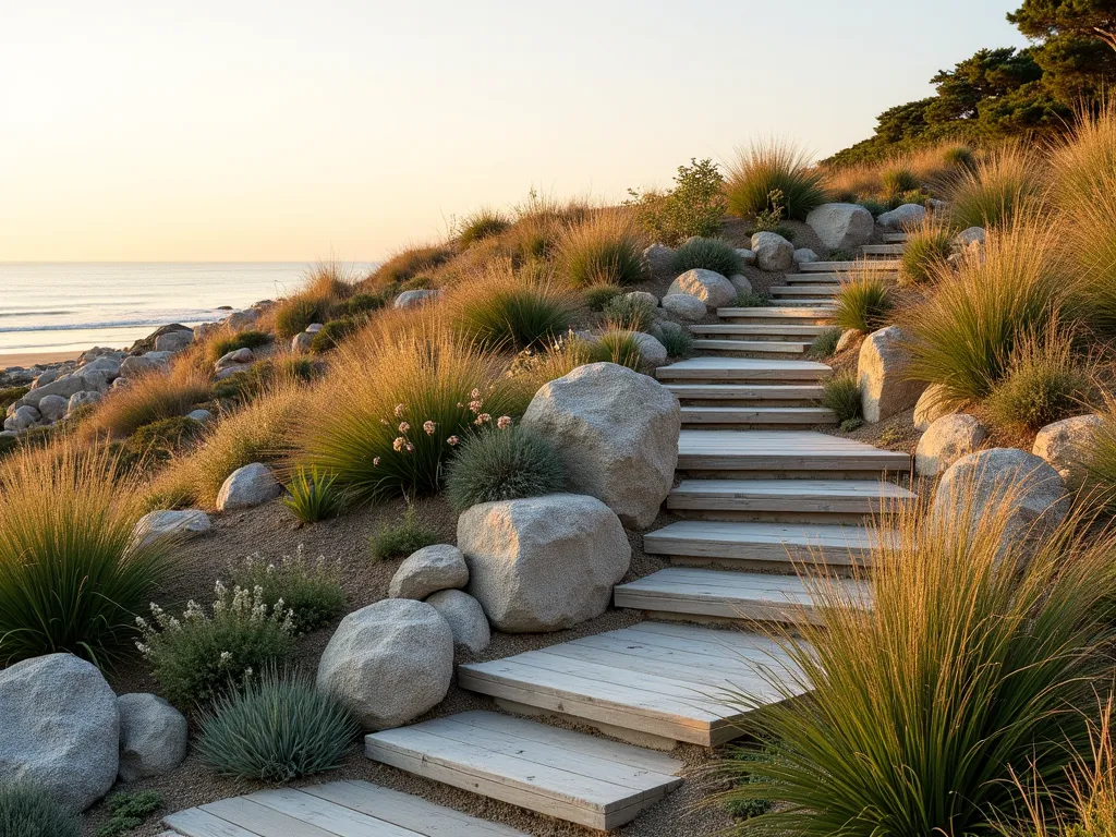 Coastal Hillside Garden Retreat - A gently sloping coastal garden at golden hour, featuring layered terraces adorned with swaying ornamental grasses and maritime plants. Natural weathered wooden steps wind through the landscape, connecting different levels. Coastal stone walls in sandy beige tones provide structure, while patches of flowering sea thrift and blue fescue create waves of texture. Bleached driftwood sculptures and smooth river rocks accent the space. The garden seamlessly blends into the horizon, with wispy beach grasses catching the warm light, creating a serene, low-maintenance seaside atmosphere. Professional landscape photography style, soft natural lighting, high detail.