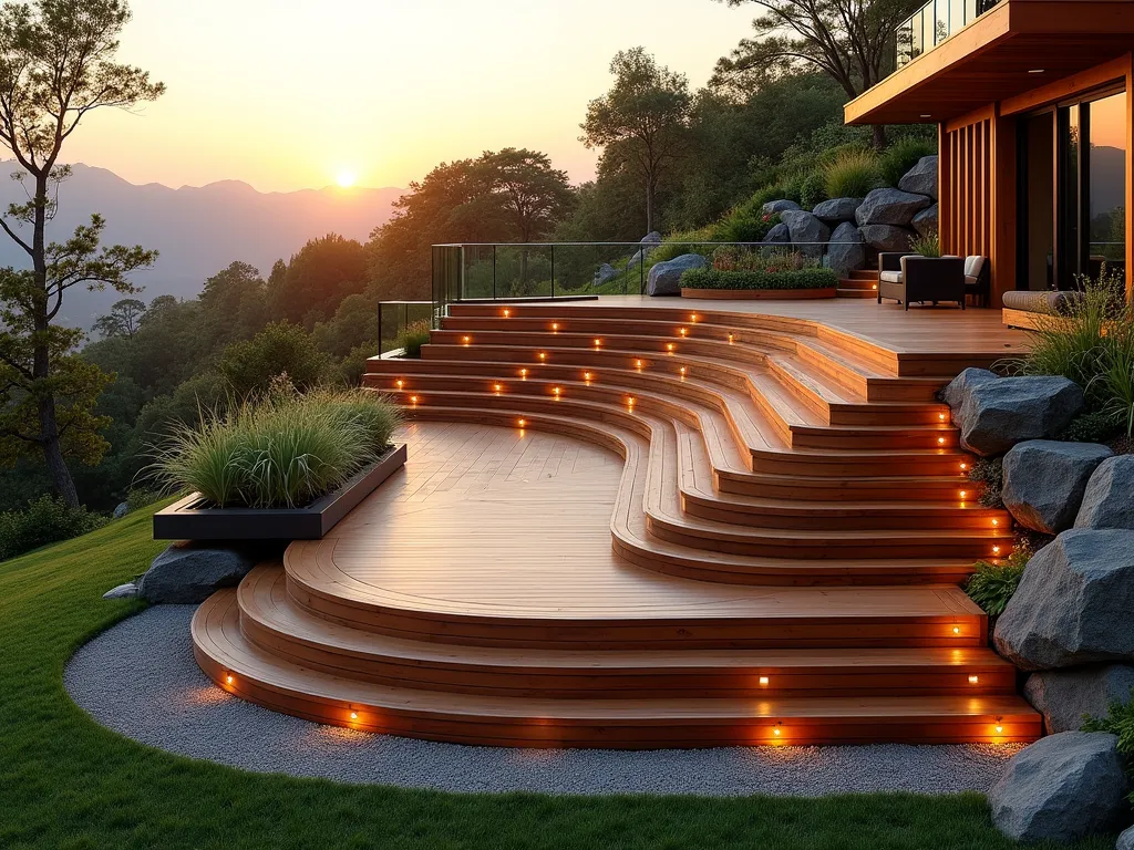 Curved Hillside Deck with Built-in Features - A stunning modern curved wooden deck cascading down a gentle hillside slope, photographed during golden hour. The deck features multiple tiers connected by wide stairs, following the natural contours of the land. Rich cedar-toned timber decking with built-in curved benches and integrated planter boxes filled with ornamental grasses and flowering perennials. Glass railings maintain unobstructed views. Ambient lighting installed beneath steps and seating. Surrounded by lush landscaping with Japanese maples and natural stone accents. Architectural photography style, high-end residential garden design.