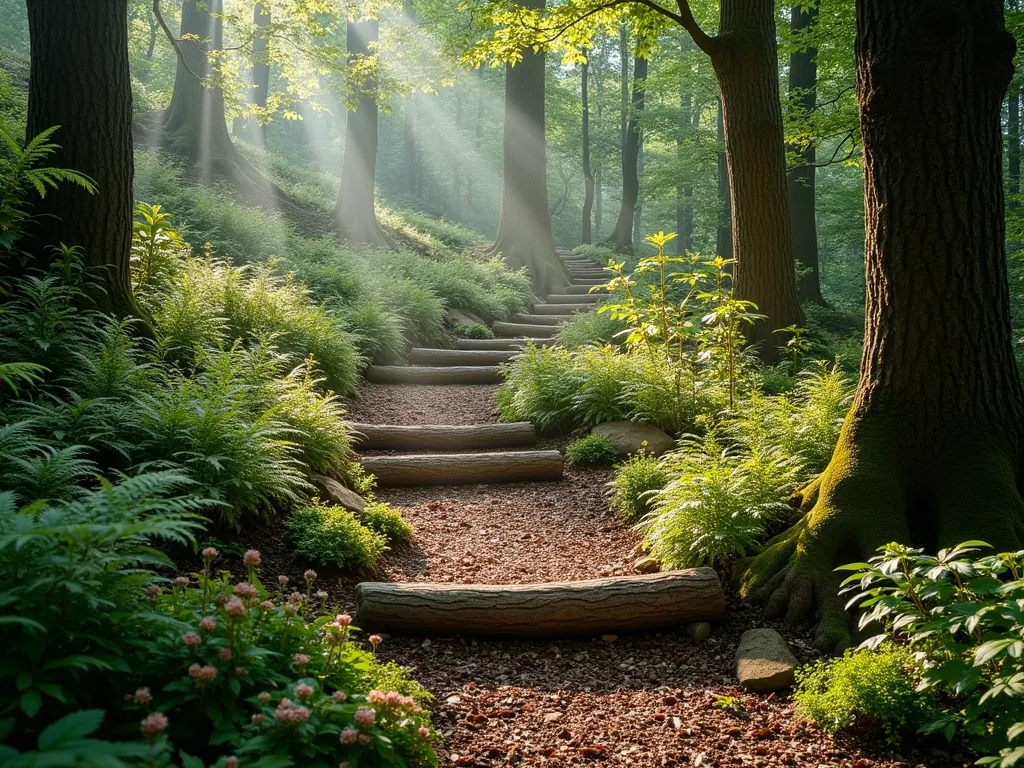 Enchanted Woodland Garden Path - A magical, winding bark mulch path meandering through a shaded sloping woodland garden, photographed in soft morning light. Native ferns, hostas, and woodland wildflowers cascade down the hillside. Natural log steps are integrated into the path, partially covered with moss. Ancient tree stumps serve as organic retaining walls, adorned with climbing vines and mushrooms. Dappled sunlight filters through a canopy of mature trees, creating ethereal light patterns on the forest floor. The scene has a mystical, fairy-tale quality with rich, deep greens and earthy browns. Photorealistic, high detail, landscape photography style.