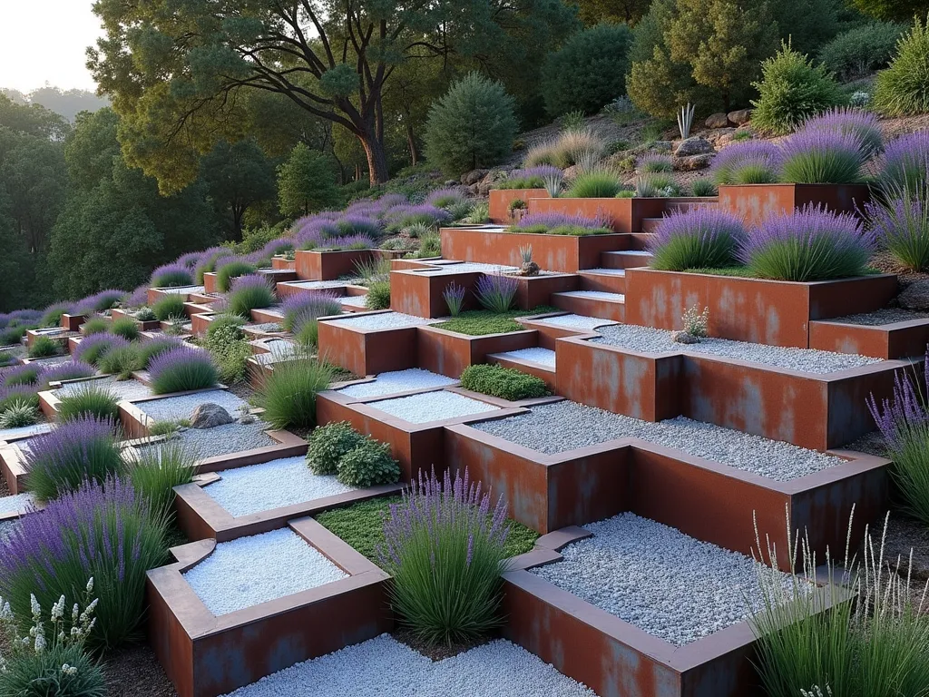 Modern Geometric Terraced Garden - A stunning modern terraced garden on a hillside slope, featuring a series of interconnected hexagonal and diamond-shaped garden beds descending the hill. Each geometric section contains different colored plants and materials, including purple lavender, white flowering plants, ornamental grasses, and crushed stone in varying shades. The pattern creates a mesmerizing abstract mosaic when viewed from above, with weathered Corten steel retaining walls separating each level. Soft evening lighting highlights the geometric edges, creating dramatic shadows. Background shows mature trees and contemporary landscaping, photographed in high resolution with dramatic perspective, architectural photography style.