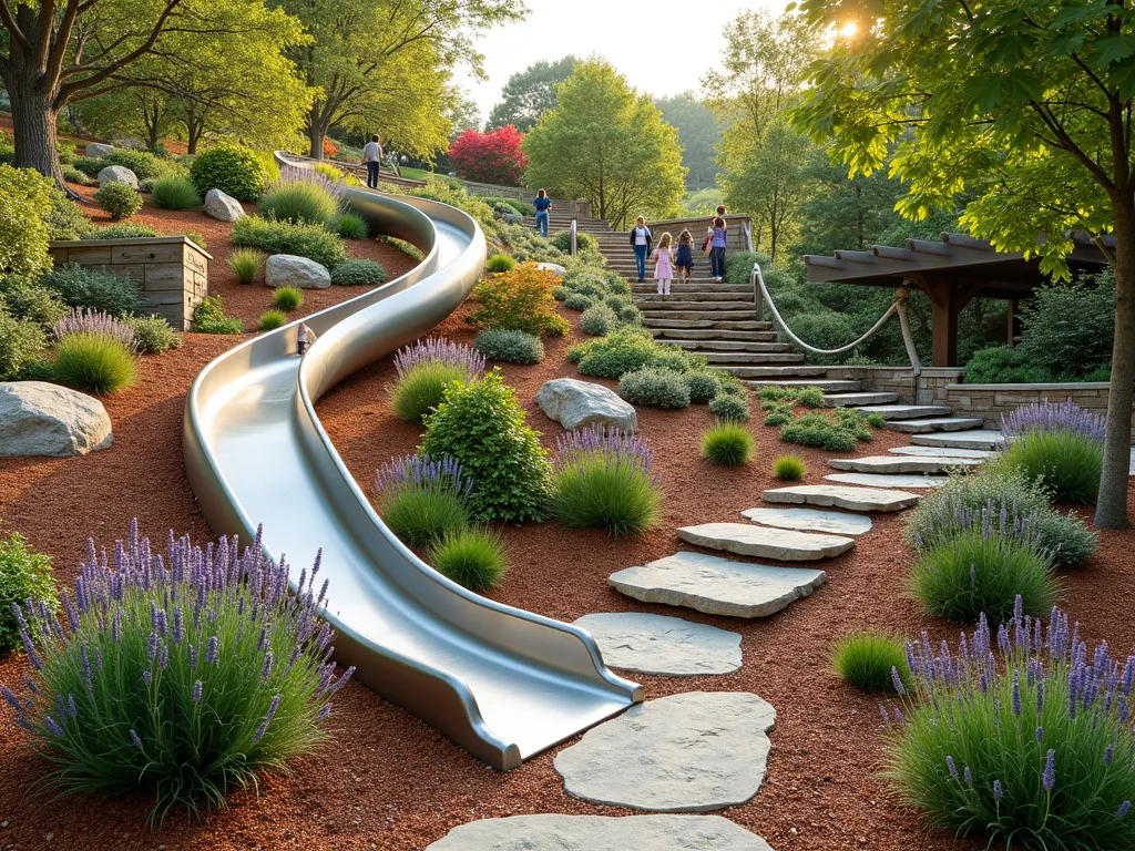 Adventure Playground Hillside Garden - A beautifully landscaped sloping garden transformed into a children's adventure playground, featuring a curved stainless steel slide integrated naturally into the hillside, surrounded by colorful sensory plants and safety mulch surfaces. Natural stone steps weave through the slope, connecting a wooden climbing wall with rope holds and a suspended rope bridge. Lavender, ornamental grasses, and butterfly bushes line the pathways. The scene is captured in warm afternoon sunlight, showing children playing safely on the various features. The design incorporates natural wood elements and boulders for climbing, with educational plant identification markers and a discovery zone with interactive garden elements.