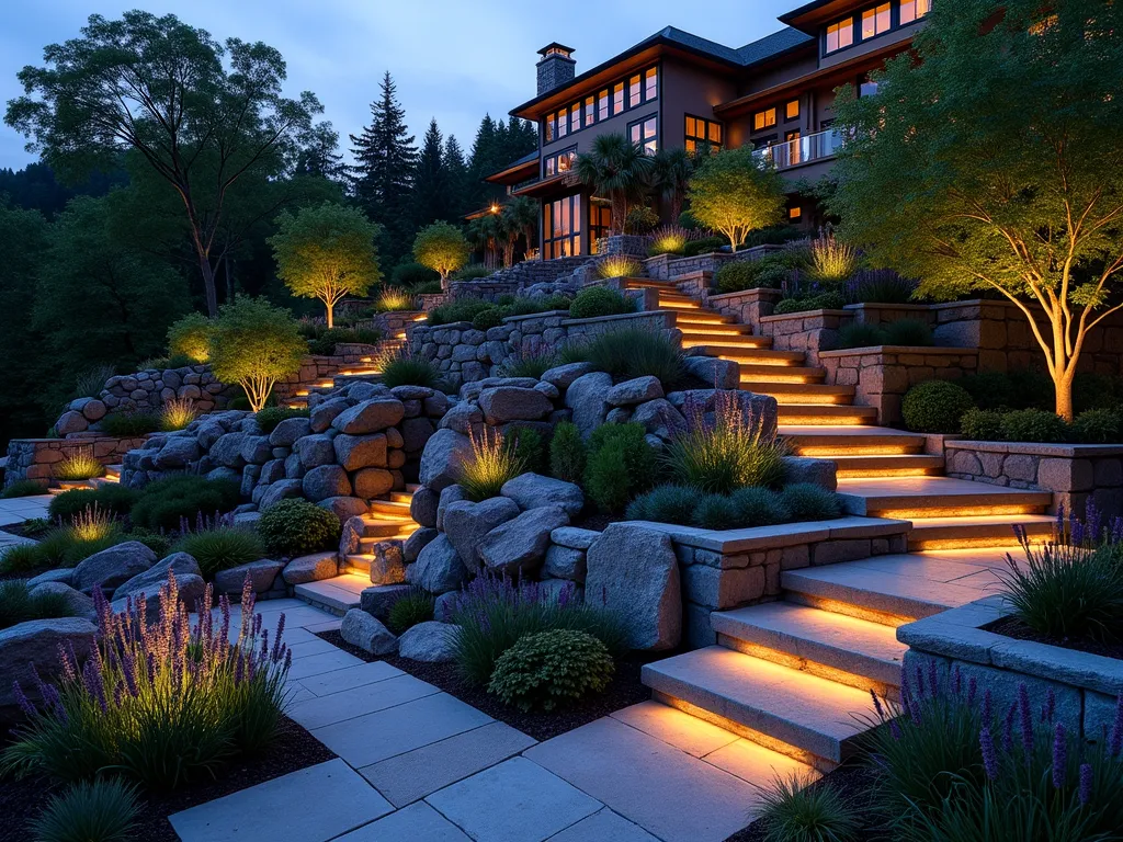 Illuminated Terraced Garden at Twilight - A captivating sloped garden at twilight, featuring multiple terraced levels connected by natural stone steps. Warm LED path lights illuminate curved walkways while strategic uplighting highlights mature Japanese maple trees and ornamental grasses. Modern strip lighting is integrated under wooden handrails, casting a subtle glow. Architectural spotlights showcase a cascading water feature and weathered stone retaining walls. The scene is captured during blue hour with a soft purple-blue sky, creating a magical atmosphere where landscape lighting creates dramatic shadows and depth. Small clusters of glowing orb lights are nestled among lavender and ornamental grasses, adding whimsical touches throughout the space. Photorealistic, cinematic lighting, soft focus background, architectural photography style.