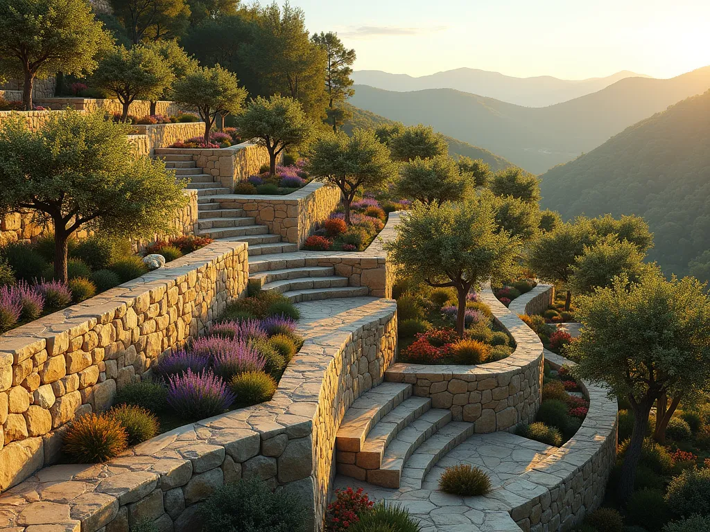 Mediterranean Terraced Fruit Garden - A stunning terraced hillside garden with multiple stone-walled levels, featuring blossoming fruit trees including apple, pear, and plum trees arranged in neat rows. Mediterranean-style stone retaining walls with weathered texture support each level, creating a rustic yet organized appearance. Golden evening sunlight casts long shadows across the terraces, highlighting the natural stone steps that wind between levels. Small patches of lavender and thyme grow beneath the trees, while ripe fruit hangs heavily from branches. The scene captures a perfect balance between productive agriculture and aesthetic landscaping, with distant hills visible in the background creating depth and perspective. Photorealistic, architectural photography style, 4K, detailed stonework.