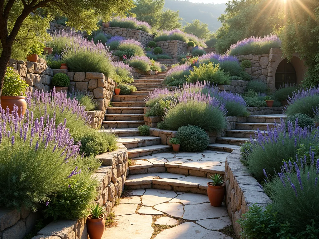 Terraced Mediterranean Herb Garden on Hillside - A sun-drenched terraced garden on a gentle slope, with natural stone retaining walls creating multiple levels. Abundant Mediterranean herbs including sprawling lavender bushes with purple blooms, cascading rosemary with blue flowers, and creeping thyme with delicate pink blossoms spread across the terraces. Rustic stone steps weave between the levels, with terracotta pots strategically placed. The garden has a weathered, established look with harmonious layers of silver-green foliage and Mediterranean character. Golden evening sunlight casts long shadows across the terraces, highlighting the textural plants and stone work. Photorealistic, architectural photography style, 8k resolution.