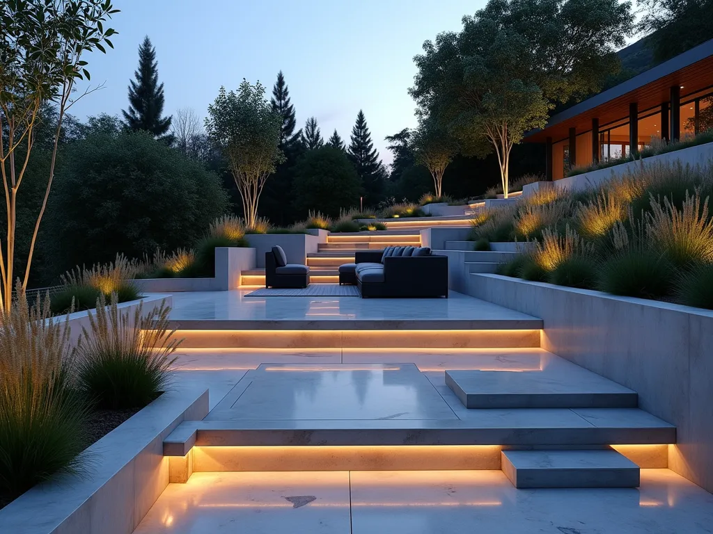 Modern Concrete Tiered Garden with LED Lighting - A stunning modern hillside garden with three smooth concrete tiers at dusk, featuring clean geometric lines and minimalist design. Each tier is bordered by sleek concrete retaining walls with integrated LED strip lighting that casts a warm glow along the edges. The concrete surfaces are softened by strategic plantings of ornamental grasses, including Japanese Forest Grass and Mexican Feather Grass, creating a gentle contrast against the stark geometry. Modern outdoor furniture in dark charcoal adorns the main entertainment tier, while architectural plants like Black Bamboo provide vertical interest. The scene is captured during blue hour, with the LED lighting creating an atmospheric ambiance, hyperrealistic photography style, 8k resolution