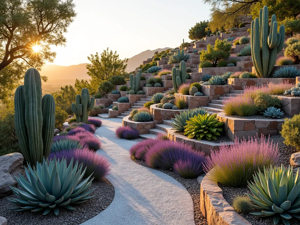 Modern Desert Slope Garden with Layered Succulents - A stunning sloped garden with terraced levels featuring a desert landscape design, photographed during golden hour. Multiple tiers decorated with large architectural cacti, diverse succulents in silvery blues and greens, and swaying purple fountain grass. Natural stone retaining walls in warm earth tones separate the levels, with crushed decomposed granite and white pebble pathways winding through. Desert-adapted plants include barrel cacti, blue agave, and golden barrel cactus. Accent boulders and weathered cor-ten steel planters add modern architectural elements. The landscape is beautifully lit with landscape lighting, creating dramatic shadows, photorealistic, high-end landscape design, 8k resolution.