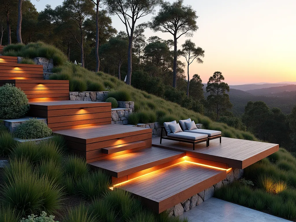 Modern Floating Deck Cascade - A contemporary hillside garden featuring three geometric wooden deck platforms floating at different heights along a gentle slope, surrounded by ornamental grasses and Japanese forest grass. The minimalist floating decks are connected by sleek metal stairs, with architectural lighting underneath creating a hovering effect at dusk. Natural stone retaining walls peek through native landscaping, while a modern lounge set decorates the main platform. Clean lines and zen-inspired design elements create a peaceful outdoor living space against the backdrop of a setting sun.