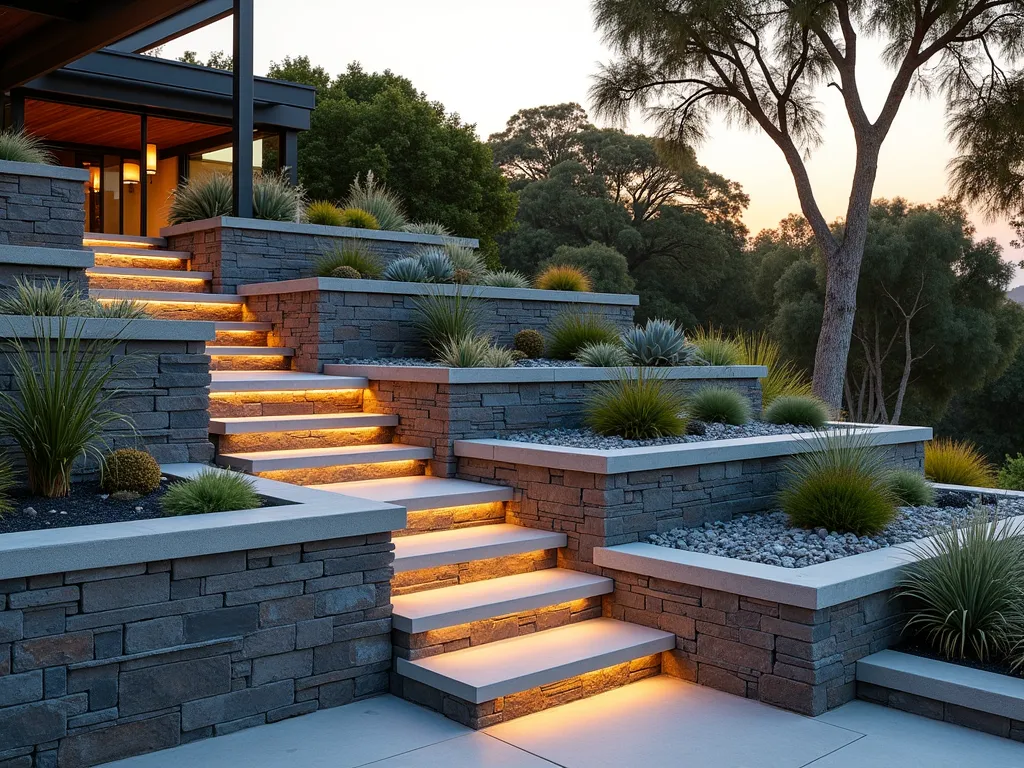 Modern Gabion Wall Garden Terraces - A stunning modern sloped garden with multiple levels of industrial-style gabion walls creating elegant terraces. The walls feature a mix of slate, river rocks, and recycled glass chunks creating a beautiful textural contrast. Each terrace level features contemporary concrete planters with cascading silver foliage plants and ornamental grasses. Clean lines and geometric shapes dominate the design, with LED strip lighting illuminating the base of each gabion wall. A modern steel staircase winds through the levels, while architectural succulents and drought-resistant plants soften the industrial elements. Shot during golden hour with dramatic shadows casting across the terraced levels.