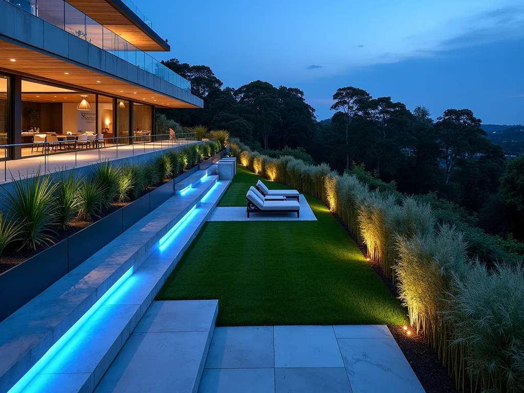 Illuminated Glass Terrace Barriers - A modern terraced garden at dusk featuring sleek glass safety barriers along multiple levels, softly illuminated from below with LED strips casting a gentle blue glow. The contemporary design showcases a manicured lawn with architectural plants, including tall bamboo and ornamental grasses. Stone steps connect the different levels, while the transparent glass barriers provide unobstructed views across the entire sloping landscape. Modern outdoor furniture and minimalist steel planters complete the sophisticated design. Photographed during the blue hour with ambient lighting creating a dramatic atmosphere.