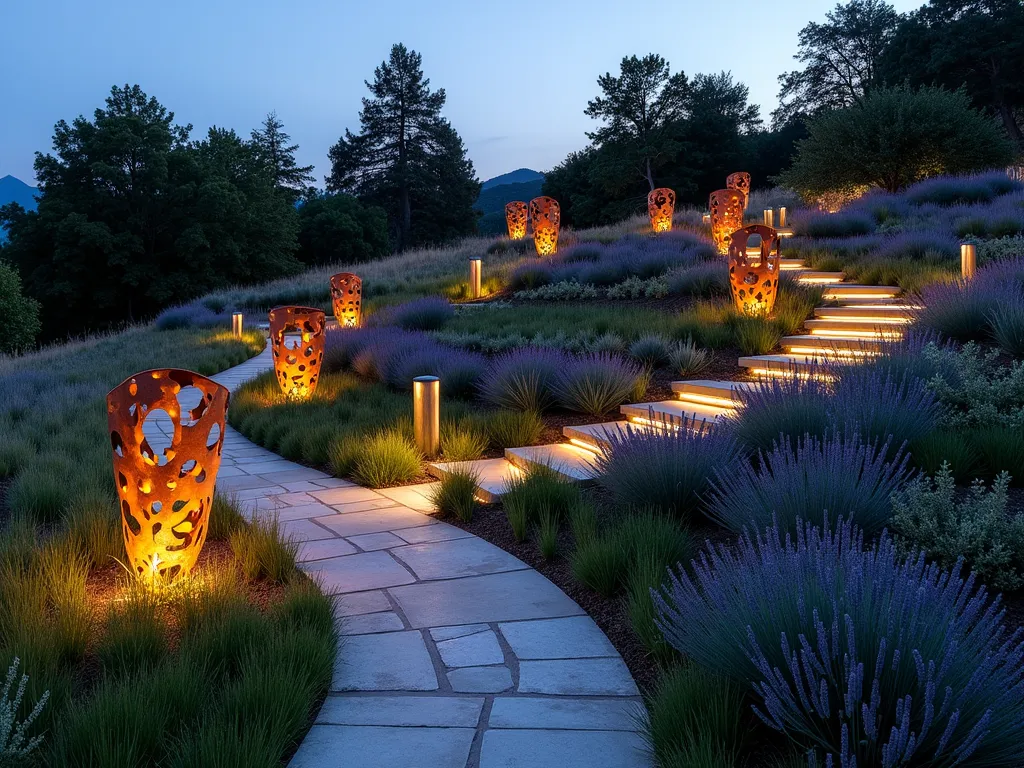 Modern Hillside Art Garden with Illuminated Sculptures - A stunning terraced hillside garden at dusk featuring modern abstract metal sculptures in copper and steel, strategically placed along curved stone pathways. Large geometric art installations in weathered Corten steel emerge from native grasses and lavender. Dramatic uplighting casts artistic shadows on sculptural pieces, while LED strip lighting follows the contours of the terraced levels. Modern glass art pieces catch the evening light, creating prismatic effects among ornamental grasses. Japanese forest grass and blue fescue provide movement and texture around the installations. Professional architectural photography style, dramatic lighting, high-end landscape design