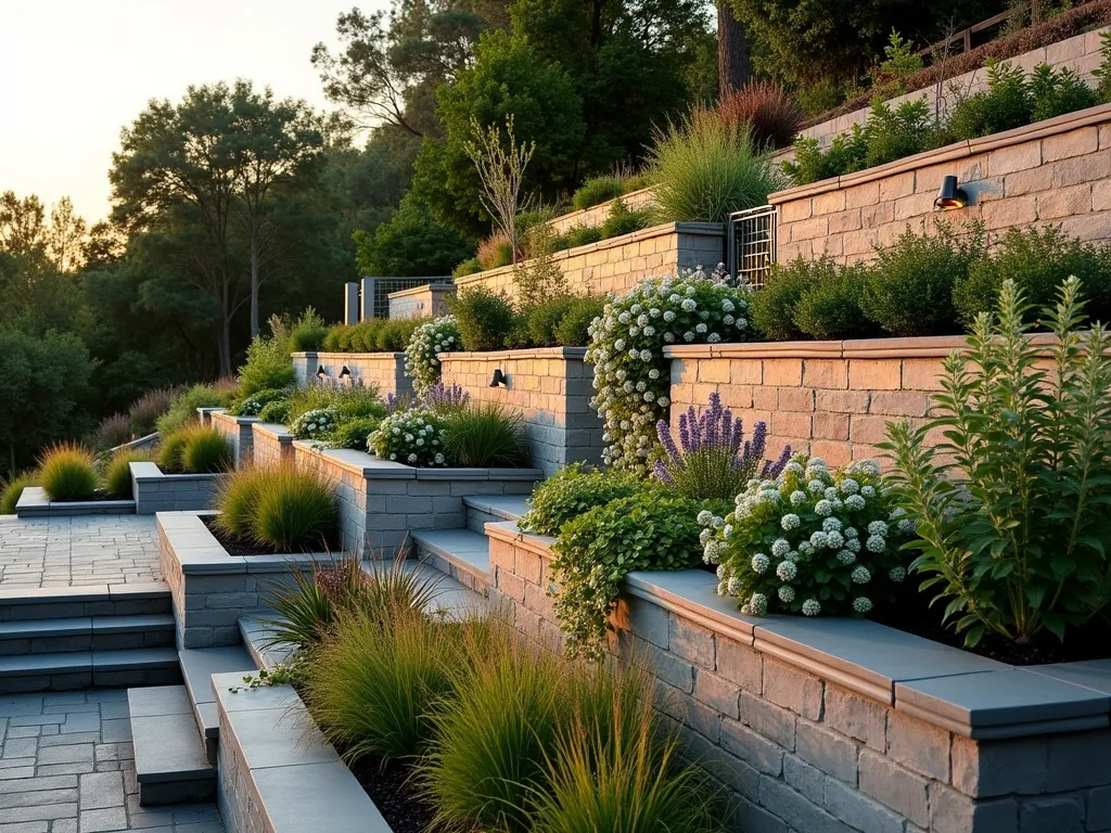 Modern Living Wall on Terraced Slope - A stunning terraced garden featuring a contemporary stone retaining wall transformed into a lush vertical garden, photographed in warm sunset lighting. The wall showcases multiple tiers of integrated metal pocket planters filled with cascading herbs, ferns, and flowering perennials in various shades of green, purple, and white. Trailing plants like creeping thyme and sedum spill over edges, while climbing hydrangeas and jasmine weave upward through integrated trellis sections. Small LED lights illuminate the plantings, creating dramatic shadows. The wall is perfectly integrated into a modern landscaped hillside with natural stone steps and drought-resistant ornamental grasses at its base. Architectural photography style, high resolution, photorealistic.