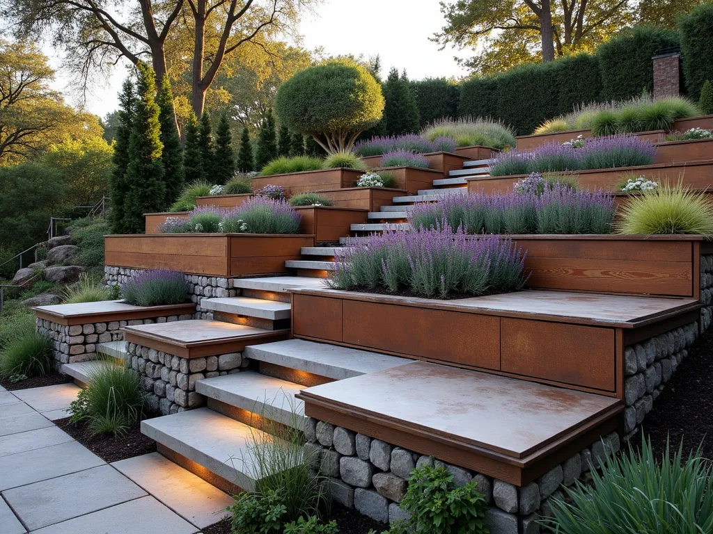 Modern Mixed-Material Hillside Retaining Wall - A stunning tiered retaining wall system on a hillside garden, combining natural stone blocks, weathered cedar planks, and sleek Corten steel panels. The wall features built-in wooden benches and integrated concrete planters filled with cascading purple aubrieta and silver artemisia. Soft evening lighting illuminates the textural contrast between materials. The contemporary design includes small waterfalls trickling between levels, with architectural grasses and succulents softening the hardscape. Photographed in golden hour lighting with dramatic shadows emphasizing the mixed materials.