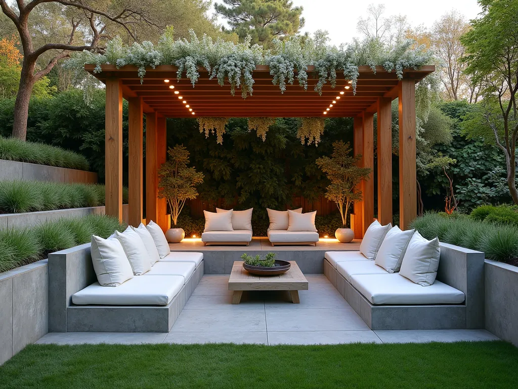 Modern Sunken Garden Lounge with Pergola - A stunning modern sunken seating area carved into a hillside garden, featuring sleek concrete retaining walls that double as built-in benches, adorned with plush weatherproof cushions. A contemporary wooden pergola overhead creates dappled shade, draped with flowering wisteria and jasmine vines. The intimate space includes modern outdoor furniture, ambient lighting, and is surrounded by lush ornamental grasses and Japanese maples for privacy. The design showcases clean lines, natural materials, and a perfect blend of hardscaping and greenery, photographed during golden hour with soft natural lighting.