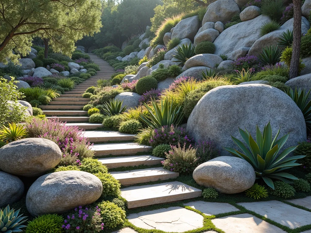 Cascading Natural Rock Garden with Alpine Plants - A stunning sloping garden featuring naturally arranged large granite boulders creating terraced levels on a steep hillside. Alpine plants and colorful succulents cascade over weathered rock faces. Drought-resistant sedum, sempervivum, and small flowering alpines nestle in rocky crevices. Natural stone steps weave through the garden, with purple and pink ice plants spreading between rocks. Soft morning light casts gentle shadows, highlighting the texture of the rocks and plants. Architectural agaves provide bold focal points. Photorealistic, high detail, landscape photography style.