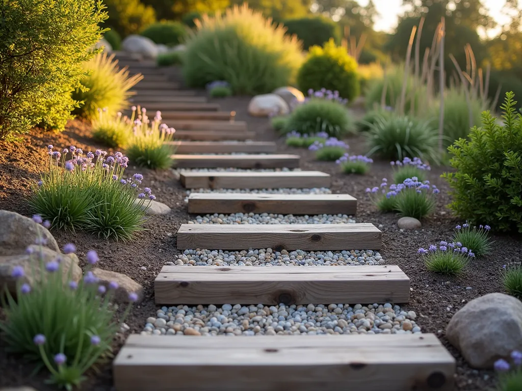 Rustic Railway Sleeper Garden Steps - A photographic view of a gently sloping garden featuring weathered railway sleeper steps winding up a hillside. The steps are artfully arranged with deep-set risers, creating a natural, rustic pathway. Small clusters of drought-resistant plants and ornamental grasses peek between the steps, while decorative gravel fills the spaces alongside. Golden evening sunlight casts long shadows across the weathered wood, highlighting its natural texture and aged patina. The surrounding landscape includes a mix of natural stone and low-growing ground cover, creating a harmonious blend of materials. The steps are flanked by informal cottage garden plantings and small purple flowering plants.