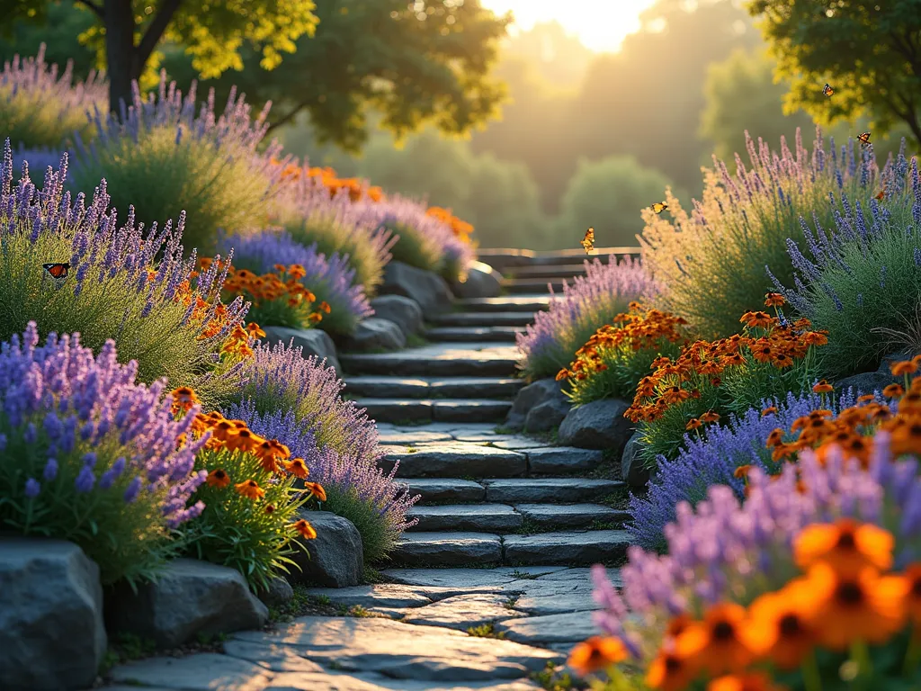 Multi-Tiered Butterfly Haven on Hillside - A stunning terraced garden on a gentle slope, photographed during golden hour. Multiple flowering levels create a cascading effect with purple butterfly bush, orange butterfly weed, pink coneflowers, and lavender in full bloom. Butterflies and bees hover over the flowers while stone steps weave through the garden. Natural rock retaining walls separate the layers, with ornamental grasses providing texture and movement. Soft, dreamy lighting enhances the magical atmosphere as Monarchs and Swallowtail butterflies flutter between blooms. Photorealistic, high detail, f/2.8 aperture, nature photography style.