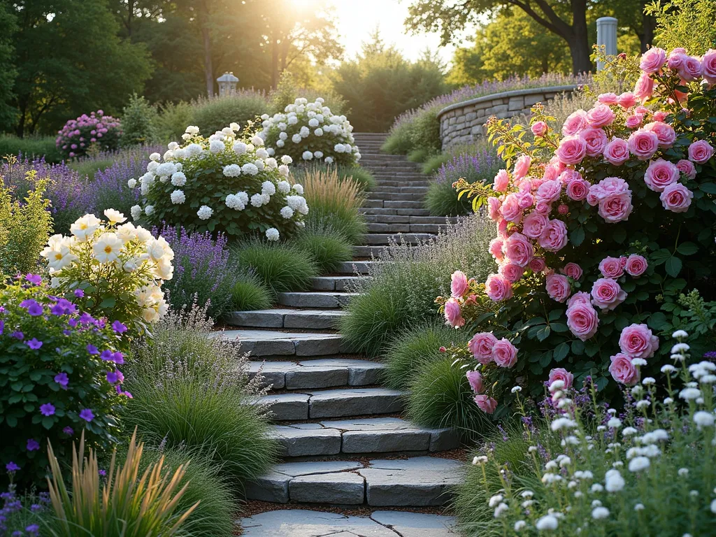 Terraced Cascading Rose Garden on Hillside - A breathtaking terraced garden on a gentle slope with multiple stone retaining walls covered in cascading pink and white climbing roses in full bloom. The roses dramatically spill over each level, creating a romantic waterfall effect. Purple salvias, white phlox, and yellow daylilies complement the roses between the terraces. Natural stone steps wind through the garden, while ornamental grasses add texture and movement. Captured during golden hour with soft, warm lighting highlighting the flowers. Photorealistic, high detail, landscape photography style.