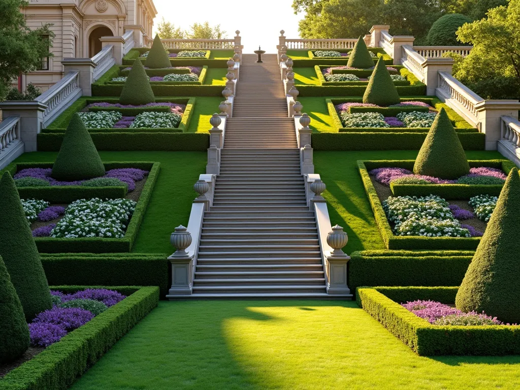 Terraced Formal Box Garden with Symmetrical Design - A professionally landscaped sloping garden featuring three elegant terraced levels with pristine boxwood hedges in geometric patterns, photographed during golden hour. The formal garden displays perfect symmetry with manicured topiary spheres and pyramids flanking a central stone staircase. Seasonal purple and white flowers fill geometric bedding areas between the hedges. Classical stone balustrades line each level, while a small fountain serves as a focal point on the middle terrace. The garden is captured in a wide-angle view, showing the harmonious blend of architectural elements and plant life, with soft shadows casting interesting patterns across the perfectly maintained lawn sections. Photorealistic, 4K, architectural photography style.