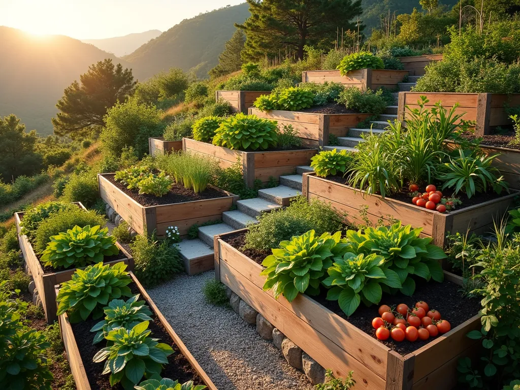 Terraced Hillside Vegetable Garden - A stunning terraced vegetable garden on a hillside with multiple wooden raised beds at different elevations, connected by natural stone steps. Lush organic vegetables including tomatoes, leafy greens, and herbs grow abundantly in the beds. A modern drip irrigation system runs discreetly through the levels, while a rustic wooden compost bin sits at the lower level. Golden evening sunlight casts long shadows across the terraces, highlighting the geometric patterns of the beds. Small gravel paths weave between levels, with Mediterranean herbs spilling over the edges. The scene is photographed from a slight elevation to showcase the harmonious arrangement of levels against the natural slope, photorealistic style, 8k quality