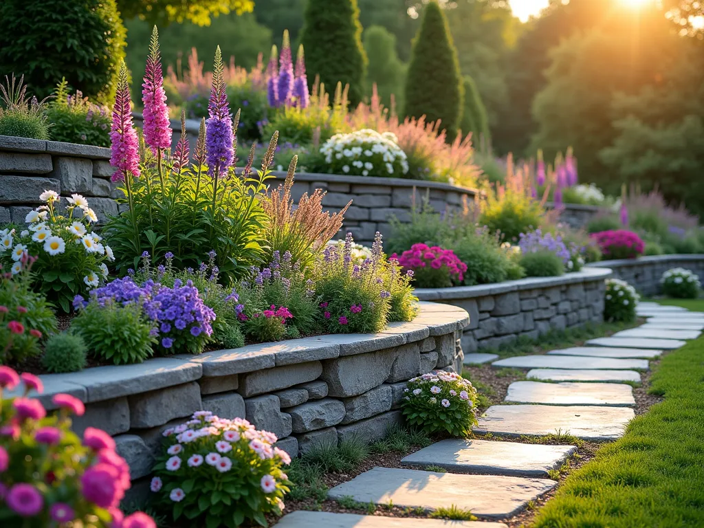 Cascading Tiered Flower Garden on Hillside - A stunning terraced garden on a gentle slope, featuring three elegant stone-edged tiers filled with colorful perennials. The top tier showcases tall purple delphinium and white foxgloves, the middle tier bursts with pink and purple coneflowers and Russian sage, while the bottom tier spills over with cascading pink and purple petunias, creeping phlox, and blue lobelia. Golden evening sunlight illuminates the natural stone retaining walls, creating warm highlights on the weathered gray stones. A meandering stone path winds alongside the beds, with ornamental grasses adding texture throughout. Photorealistic, high detail, soft depth of field, landscape photography style.