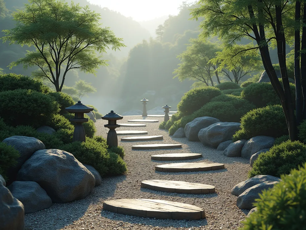 Tranquil Zen Garden Gravel Path - A serene, photorealistic landscape featuring a winding gravel path gracefully zigzagging down a gentle hillside slope. Japanese stone lanterns line the path, casting soft shadows. Clusters of black bamboo and carefully manicured evergreen shrubs frame the walkway. The path is bordered by smooth river rocks and features wooden steps embedded in gravel at each turn. Moss-covered boulders accent the corners, creating a peaceful, contemplative atmosphere. Early morning mist adds ethereal ambiance, with filtered sunlight creating subtle shadows across the meandering path. Shot with natural lighting, high detail, featuring muted earth tones and subtle greens.