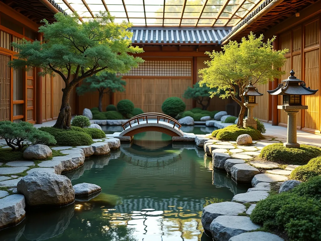 Serene Chinese Scholar Atrium Garden - A tranquil indoor atrium garden designed in traditional Chinese scholar style, photographed at golden hour. A stone-lined koi pond with crystal-clear water reflects warm sunlight, surrounded by carefully pruned dwarf Japanese maples and miniature pine trees. Weathered ornamental rocks create natural focal points, while authentic stone lanterns cast intricate shadows. A bamboo privacy screen with delicate lattice work forms an elegant backdrop. Natural stone pavers create winding pathways between plantings. Moss-covered rocks add texture, while a small wooden moon bridge arches over the pond. The scene is captured with a wide-angle lens, emphasizing the peaceful atmosphere and architectural details, with soft natural lighting filtering through the atrium's glass ceiling. Shot at f/8 for optimal depth of field, perfectly balancing the intricate details of both foreground and background elements.