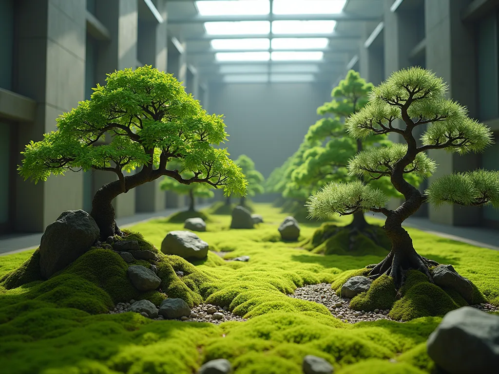 Contemplative Bonsai Forest Atrium - A serene indoor atrium garden featuring a meticulously arranged collection of Japanese maple and pine bonsai trees at varying heights (8-24 inches), creating a mystical miniature forest landscape. The bonsai trees cast gentle shadows on a bed of emerald green moss ground cover, punctuated by weathered granite rock formations and small pebbles. Natural light streams through a glass ceiling, illuminating the scene with soft, dappled light. Shot from a low angle to emphasize the forest-like perspective, with selective focus highlighting the intricate branch structures. The atrium's modern concrete walls provide a contemporary contrast to the traditional Japanese aesthetic. DSLR capture, f/8, ISO 100, 1/125s, wide-angle lens, morning light.