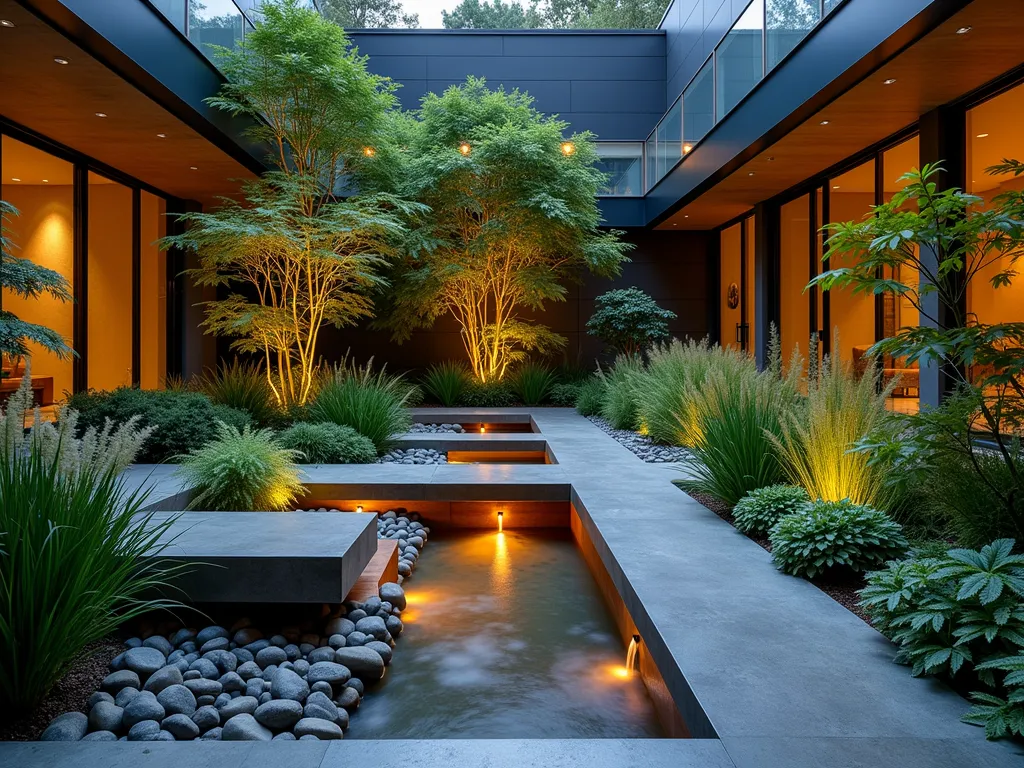 Modern Atrium Rain Garden at Dusk - A stunning DSLR wide-angle photograph of a contemporary small atrium rain garden at dusk, featuring sleek concrete channels illuminated by modern LED strip lighting. The channels flow into a minimalist rectangular reflection pool surrounded by carefully placed river rocks. Clusters of ornamental grasses, Japanese forest grass, and moisture-loving ferns create soft movement against geometric hardscaping. Strategic uplighting highlights architectural plants like bamboo and creates dramatic shadows on the atrium's glass walls. Water droplets cascade down weathered copper spillways into the channels, capturing the golden hour light. Shot at f/8 with perfect depth of field showing detailed textures of materials and plants in this intimate 8x10 foot space.