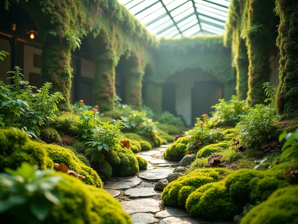 Enchanted Moss Garden Atrium - A serene indoor atrium garden bathed in soft morning light through a glass ceiling, featuring a lush carpet of varied moss species in different shades of green. Small Japanese painted ferns and delicate wood sorrel flowers emerge from the moss-covered surfaces. Natural stone pathways wind through the space, also partially covered in velvet-like moss. The walls are adorned with climbing moss and tiny waterfall ferns, creating a mystical forest atmosphere. Captured with a wide-angle perspective to show the full atrium space, with natural light casting gentle shadows across the textured moss landscape. Shot at f/2.8 to create a dreamy depth of field, emphasizing the soft, peaceful atmosphere of this indoor woodland sanctuary.